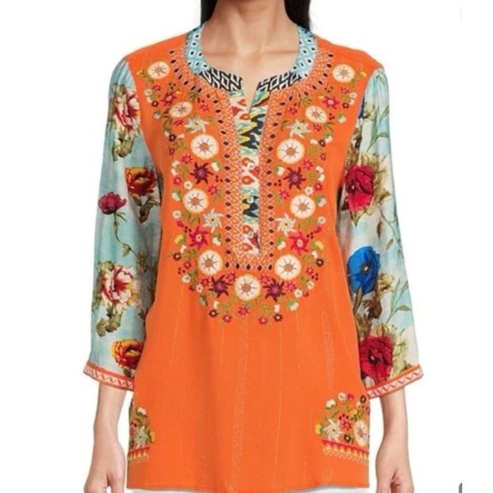 John Mark Embroidered  floral print tunic top size large